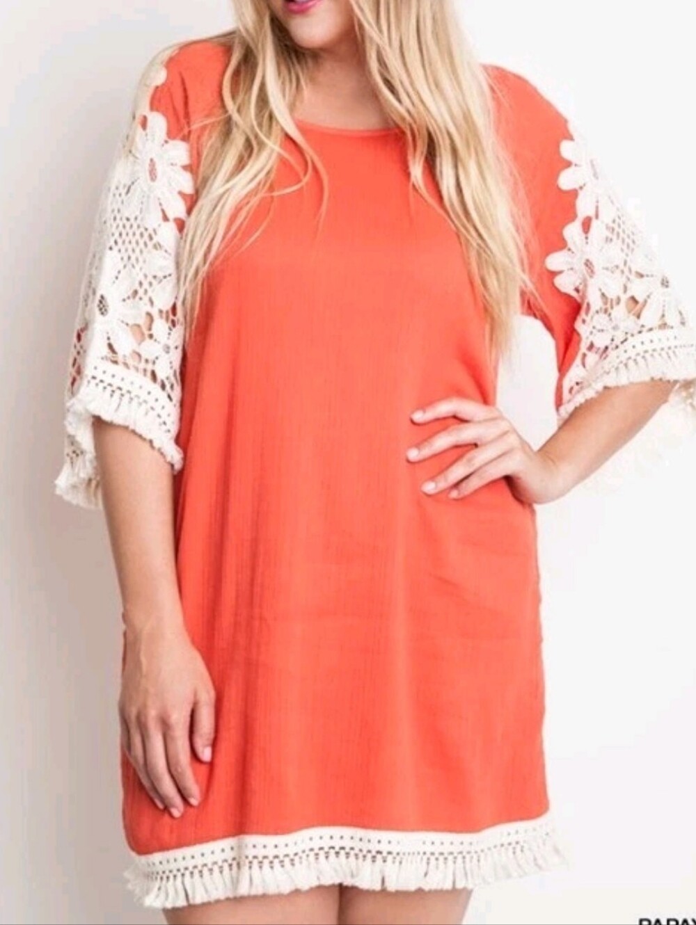 Umgee Women's Size M Floral Crochet Sleeve Shift Dress Tunic Top Casual Boho